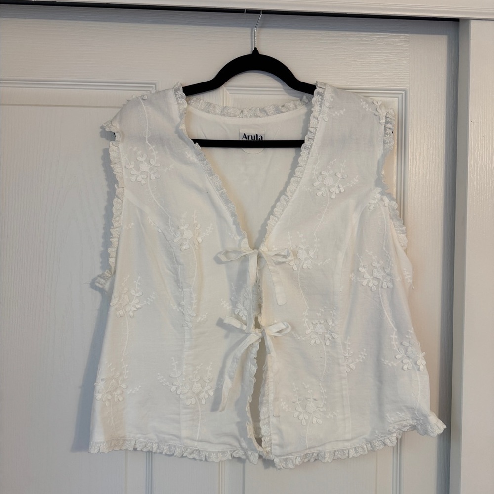 Arula Ruffle Embroidered Tie Front Tank - Picture 2 of 6